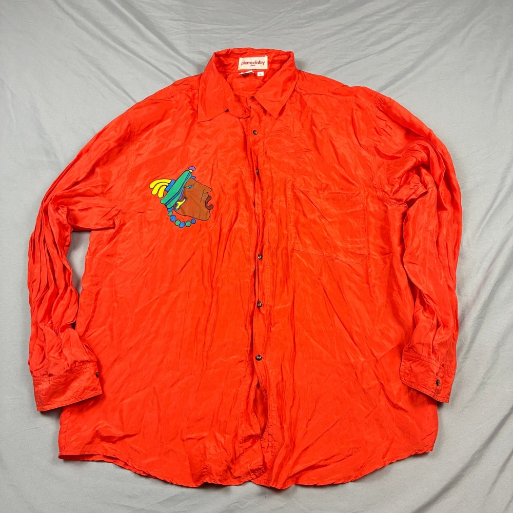 Pierre Dalby Button Up Silk Shirt Mens L Orange Graphic Embroidered Art Paris